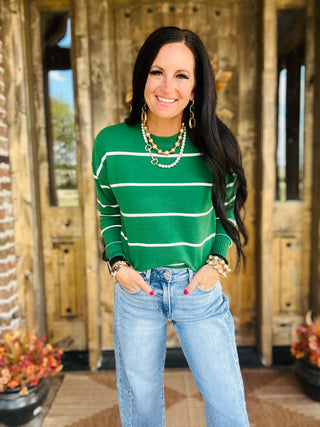 Oakley Green Crew Neck Striped Sweater-Sweaters-HYFVE-Motis & Co Boutique, Women's Fashion Boutique in Carthage, Missouri