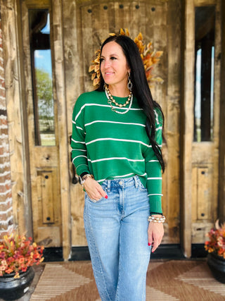 Oakley Green Crew Neck Striped Sweater-Sweaters-HYFVE-Motis & Co Boutique, Women's Fashion Boutique in Carthage, Missouri