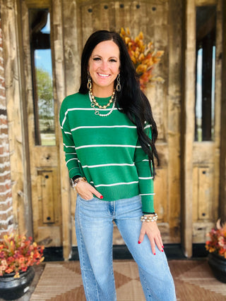 Oakley Green Crew Neck Striped Sweater-Sweaters-HYFVE-Motis & Co Boutique, Women's Fashion Boutique in Carthage, Missouri