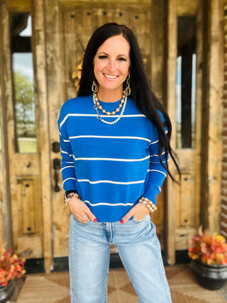 Oakley Blue Crew Neck Striped Sweater-Sweaters-HYFVE-Motis & Co Boutique, Women's Fashion Boutique in Carthage, Missouri