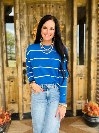Oakley Blue Crew Neck Striped Sweater-Sweaters-HYFVE-Motis & Co Boutique, Women's Fashion Boutique in Carthage, Missouri