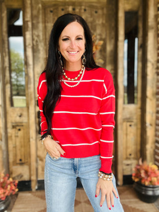 Oakley Red Crew Neck Striped Sweater-Sweaters-HYFVE-Motis & Co Boutique, Women's Fashion Boutique in Carthage, Missouri