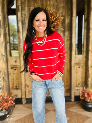 Oakley Red Crew Neck Striped Sweater-Sweaters-HYFVE-Motis & Co Boutique, Women's Fashion Boutique in Carthage, Missouri