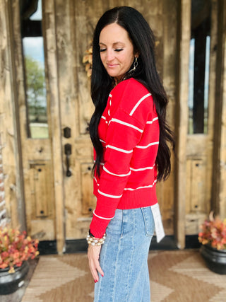 Oakley Red Crew Neck Striped Sweater-Sweaters-HYFVE-Motis & Co Boutique, Women's Fashion Boutique in Carthage, Missouri