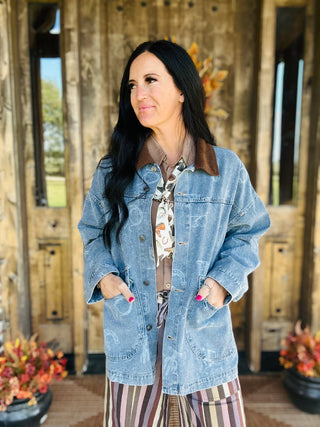 Harlow Denim Corduroy Collar Barn Jacket-Jackets-blu pepper-Motis & Co Boutique, Women's Fashion Boutique in Carthage, Missouri