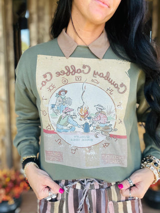 XOXO Vintage Cowboy Coffee Sweatshirt-graphic Sweatshirt-XOXO ART & Co-Motis & Co Boutique, Women's Fashion Boutique in Carthage, Missouri