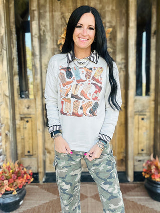 XOXO Cabin Cowboy Boots Sweatshirt-graphic Sweatshirt-XOXO ART & Co-Motis & Co Boutique, Women's Fashion Boutique in Carthage, Missouri