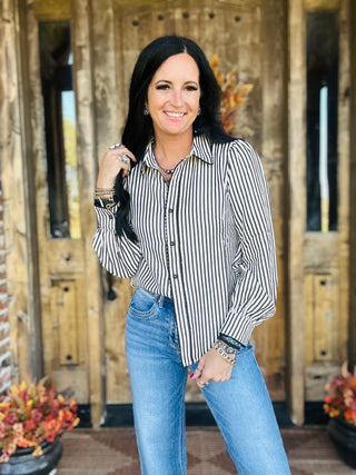 Harper Scallop Trim Striped Blouse Black