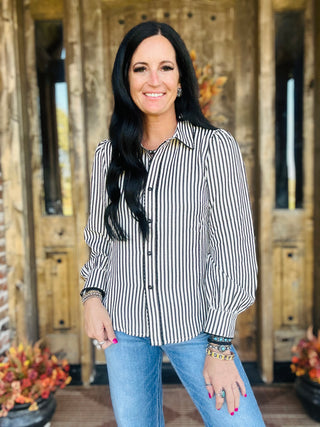 Harper Scallop Trim Striped Blouse Black