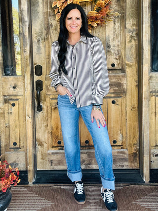 Harper Scallop Trim Striped Blouse Black
