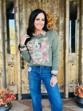 XOXO Vintage Western Quilt Sweatshirt-graphic Sweatshirt-XOXO ART & Co-Motis & Co Boutique, Women's Fashion Boutique in Carthage, Missouri