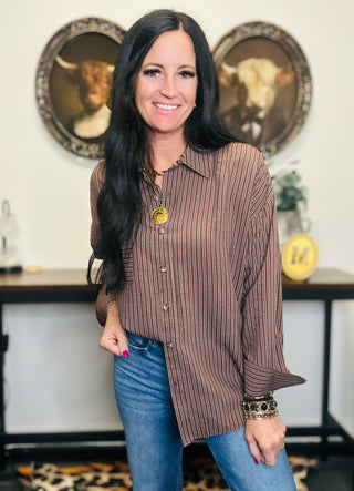 Tricia Brown Striped Button Down Blouse-Long Sleeves-blu pepper-Motis & Co Boutique, Women's Fashion Boutique in Carthage, Missouri