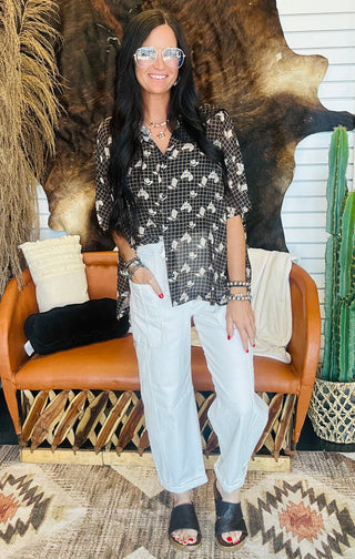 Griddy Bang Western Print Blouse-Short Sleeves-2 Fly-Motis & Co Boutique, Women's Fashion Boutique in Carthage, Missouri