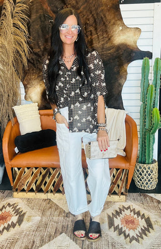 Griddy Bang Western Print Blouse-Short Sleeves-2 Fly-Motis & Co Boutique, Women's Fashion Boutique in Carthage, Missouri