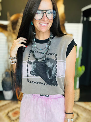 Bowie Bull Knit Sweater Vest-Sweaters-2 Fly-Motis & Co Boutique, Women's Fashion Boutique in Carthage, Missouri