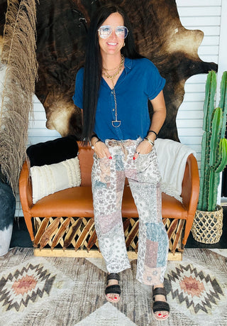 Beau Boho Patchwork Barrel Jeans-Jeans-Risen-Motis & Co Boutique, Women's Fashion Boutique in Carthage, Missouri