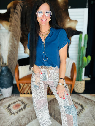 Beau Boho Patchwork Barrel Jeans-Jeans-Risen-Motis & Co Boutique, Women's Fashion Boutique in Carthage, Missouri