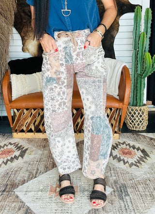 Beau Boho Patchwork Barrel Jeans-Jeans-Risen-Motis & Co Boutique, Women's Fashion Boutique in Carthage, Missouri