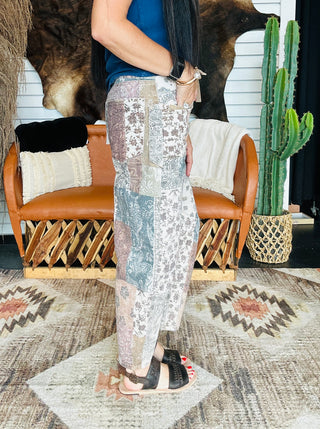 Beau Boho Patchwork Barrel Jeans-Jeans-Risen-Motis & Co Boutique, Women's Fashion Boutique in Carthage, Missouri