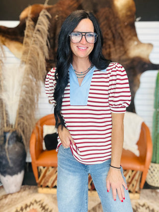 Stella Maroon Striped Half Sleeve Top
