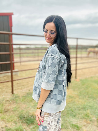Dana Denim Patchwork Top-Short Sleeves-BiBi-Motis & Co Boutique, Women's Fashion Boutique in Carthage, Missouri