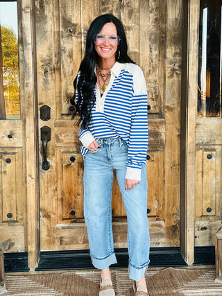 Hailey Long Sleeve Henley Sweatshirt Blue