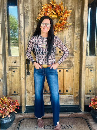 Allie Aztec Black Western Mesh Top-Long Sleeves-Turquoise Haven-Motis & Co Boutique, Women's Fashion Boutique in Carthage, Missouri