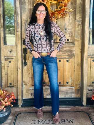 Allie Aztec Black Western Mesh Top-Long Sleeves-Turquoise Haven-Motis & Co Boutique, Women's Fashion Boutique in Carthage, Missouri