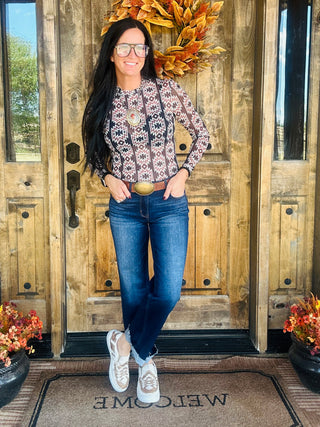 Allie Aztec Black Western Mesh Top-Long Sleeves-Turquoise Haven-Motis & Co Boutique, Women's Fashion Boutique in Carthage, Missouri