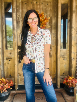 Callie Western Print Pearl Snap Blouse-Short Sleeves-Lucky & Blessed-Motis & Co Boutique, Women's Fashion Boutique in Carthage, Missouri