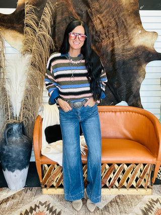 Beck Olive Striped Chenille Boxy Sweater