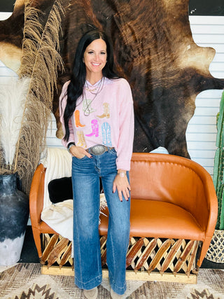 Jolene Embroidery Cowboy Boots Pink Sweater
