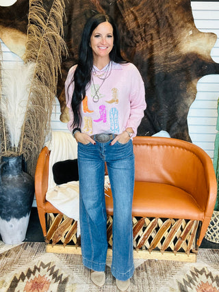 Jolene Embroidery Cowboy Boots Pink Sweater