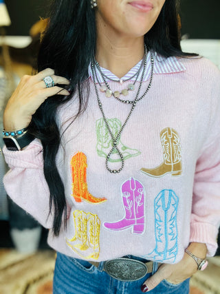 Jolene Embroidery Cowboy Boots Pink Sweater