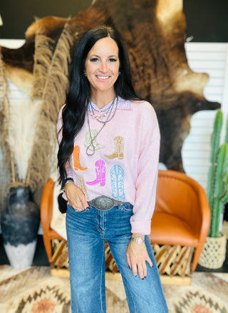 Jolene Embroidery Cowboy Boots Pink Sweater