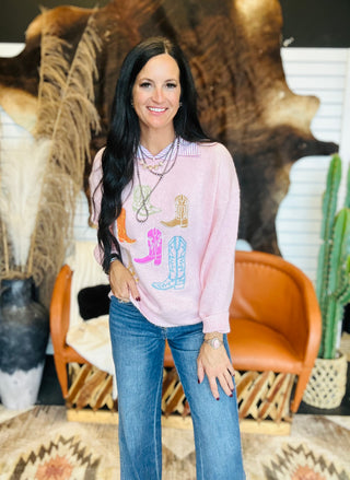 Jolene Embroidery Cowboy Boots Pink Sweater