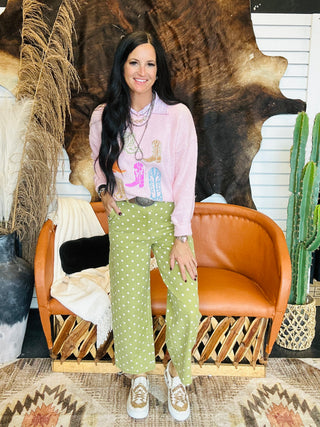Jolene Embroidery Cowboy Boots Pink Sweater