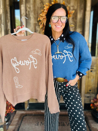 Howdy Embroidered Crewneck Sweater in Blue