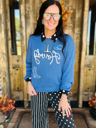 Howdy Embroidered Crewneck Sweater in Blue