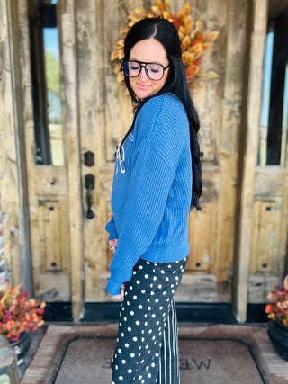 Howdy Embroidered Crewneck Sweater in Blue
