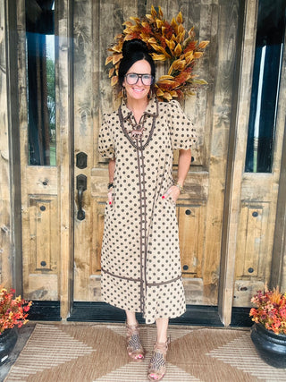 Sybil Taupe Polka Dot Dress