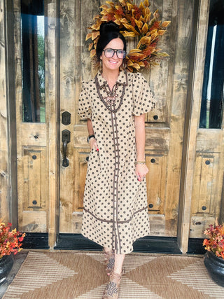 Sybil Taupe Polka Dot Dress