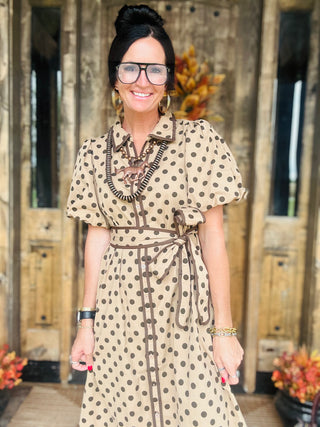Sybil Taupe Polka Dot Dress