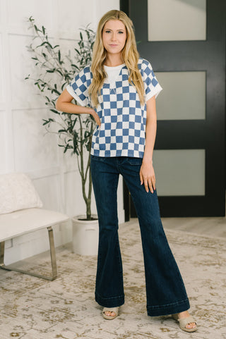 I've Been Everywhere Crew Neck Checkered Top in Blue-Short Sleeves-Ave Shops-Motis & Co Boutique, Women's Fashion Boutique in Carthage, Missouri