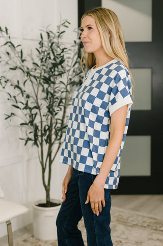 I've Been Everywhere Crew Neck Checkered Top in Blue-Short Sleeves-Ave Shops-Motis & Co Boutique, Women's Fashion Boutique in Carthage, Missouri
