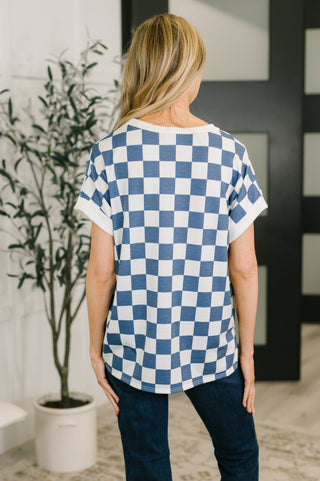 I've Been Everywhere Crew Neck Checkered Top in Blue-Short Sleeves-Ave Shops-Motis & Co Boutique, Women's Fashion Boutique in Carthage, Missouri
