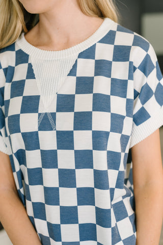 I've Been Everywhere Crew Neck Checkered Top in Blue-Short Sleeves-Ave Shops-Motis & Co Boutique, Women's Fashion Boutique in Carthage, Missouri