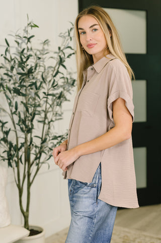 Keep Up Collared Button Down in Ash Mocha-Short Sleeves-Ave Shops-Motis & Co Boutique, Women's Fashion Boutique in Carthage, Missouri