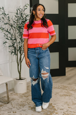 Known for a While Knit Blouse in Pink and Red-Short Sleeves-Ave Shops-Motis & Co Boutique, Women's Fashion Boutique in Carthage, Missouri