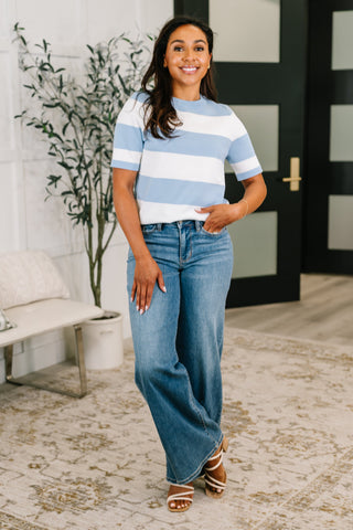 Known for a While Knit Blouse in White and Blue-Short Sleeves-Ave Shops-Motis & Co Boutique, Women's Fashion Boutique in Carthage, Missouri
